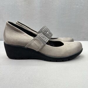 Womens 7.5-8 Aetrex Mia Mary Jane Gray Leather Wedge Arch Support Comfort Shoe